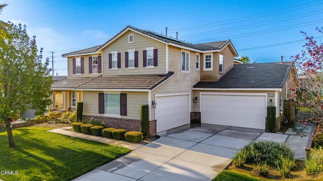 29039 Shorecliff Cir, Menifee, CA 92585 - traditional-style home with concrete driveway, an attached garage, a tiled roof, and brick siding