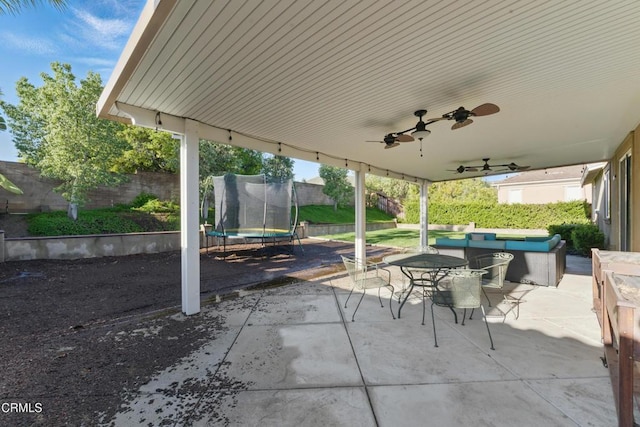 29039 Shorecliff Cir, Menifee, CA 92585 - view of patio / terrace featuring a trampoline, outdoor dining area, ceiling fan, and an outdoor living space