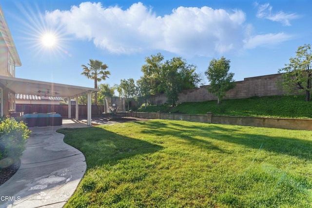 29039 Shorecliff Cir, Menifee, CA 92585 - view of yard featuring a patio, a hot tub, and ceiling fan