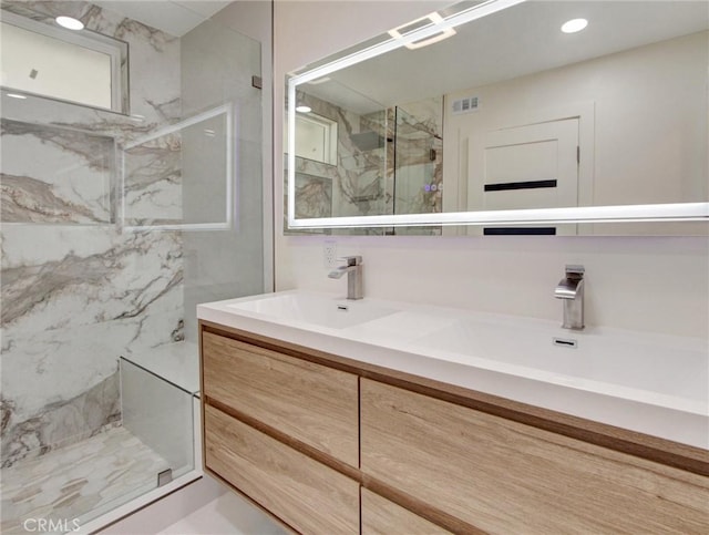 436 Cheyenne Pl, Placentia, CA 92870 - full bathroom featuring a marble finish shower, double vanity, and recessed lighting
