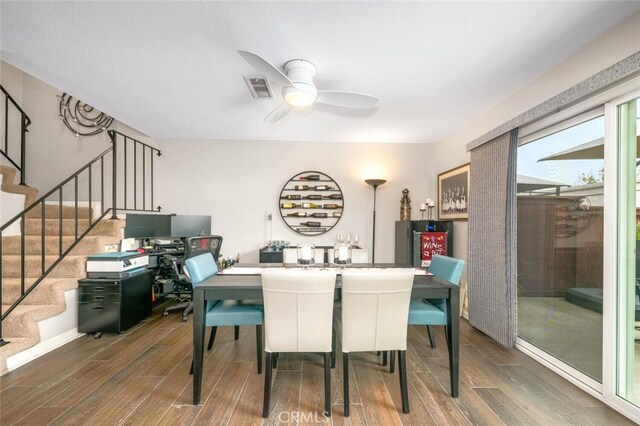 6898 Breton Way, Cypress, CA 90630 - dining room featuring wood finished floors, ceiling fan, and stairs