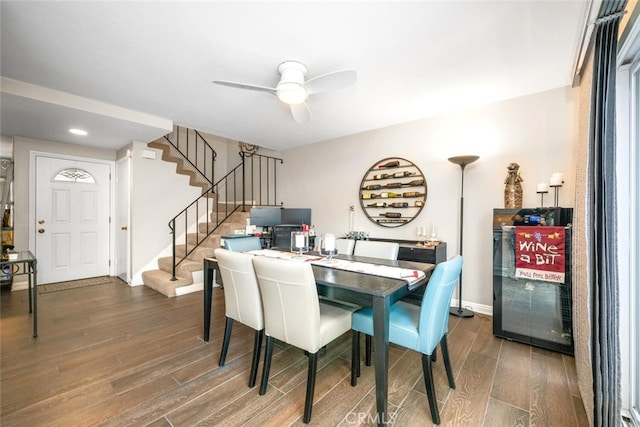 6898 Breton Way, Cypress, CA 90630 - dining space featuring wood finished floors, a ceiling fan, and stairway