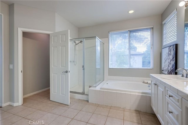 30 Oakhurst Rd, Irvine, CA 92620 - bathroom featuring a bath, a shower stall, vanity, tile patterned floors, and recessed lighting