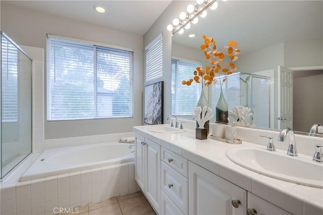 30 Oakhurst Rd, Irvine, CA 92620 - full bath with double vanity, tile patterned floors, a bath, and a shower stall