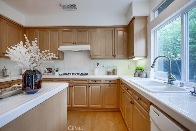 30 Oakhurst Rd, Irvine, CA 92620 - kitchen featuring a sink, white appliances, tile countertops, light wood-style flooring, and under cabinet range hood