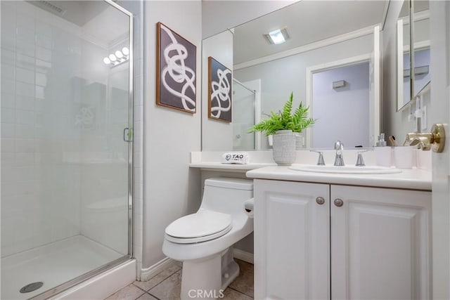 30 Oakhurst Rd, Irvine, CA 92620 - full bath featuring toilet, a shower stall, vanity, tile patterned floors, and crown molding