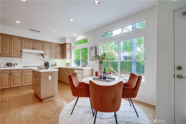 30 Oakhurst Rd, Irvine, CA 92620 - kitchen with under cabinet range hood, a center island, light countertops, recessed lighting, and light wood finished floors