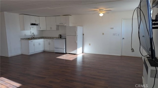 6445 Pony Rd, Johnson Valley, CA 92285 - kitchen featuring white appliances, under cabinet range hood, a sink, ceiling fan, and dark wood finished floors