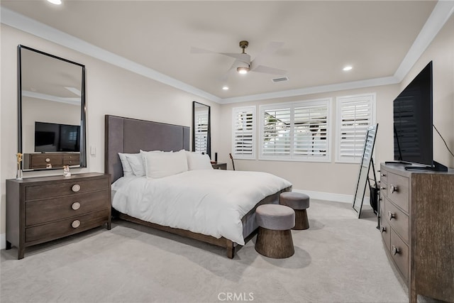 30195 Corte Coelho, Temecula, CA 92591 - bedroom with light colored carpet, recessed lighting, baseboards, crown molding, and a ceiling fan