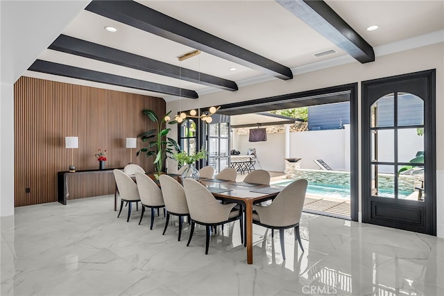 30195 Corte Coelho, Temecula, CA 92591 - dining room with beamed ceiling, wooden walls, a chandelier, and marble finish flooring