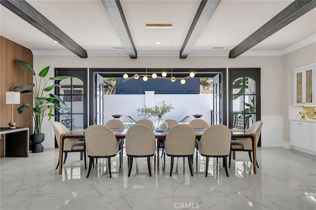 30195 Corte Coelho, Temecula, CA 92591 - dining room featuring beamed ceiling, plenty of natural light, light marble finish floors, and wooden walls