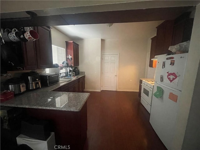 942 E 6th St, Pomona, CA 91766 - kitchen featuring white appliances, dark wood finished floors, stone countertops, and a peninsula