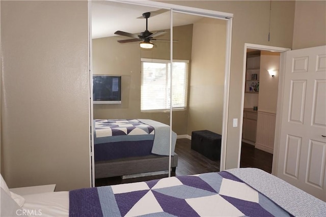 2622 Presidio Ln, Corona, CA 92879 - bedroom featuring dark wood finished floors, a ceiling fan, and lofted ceiling