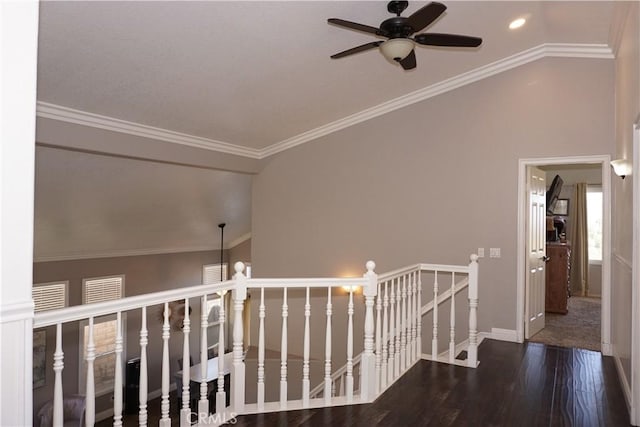 2622 Presidio Ln, Corona, CA 92879 - hall featuring an upstairs landing, vaulted ceiling, wood finished floors, and crown molding