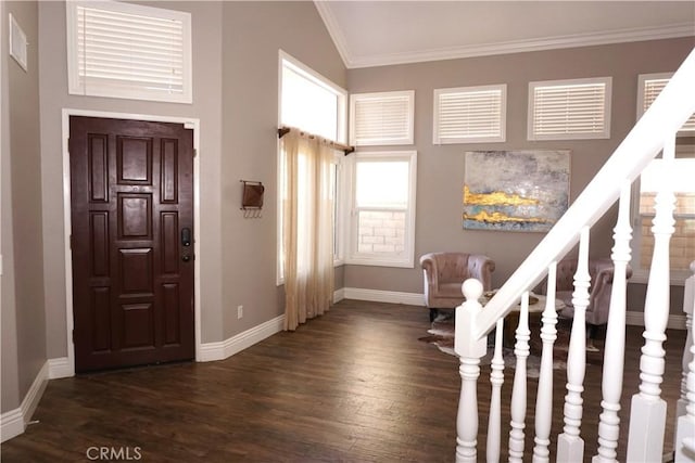 2622 Presidio Ln, Corona, CA 92879 - foyer with dark wood finished floors, vaulted ceiling, ornamental molding, and stairs