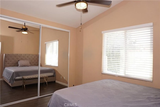 2622 Presidio Ln, Corona, CA 92879 - bedroom featuring vaulted ceiling, a closet, dark wood finished floors, and ceiling fan