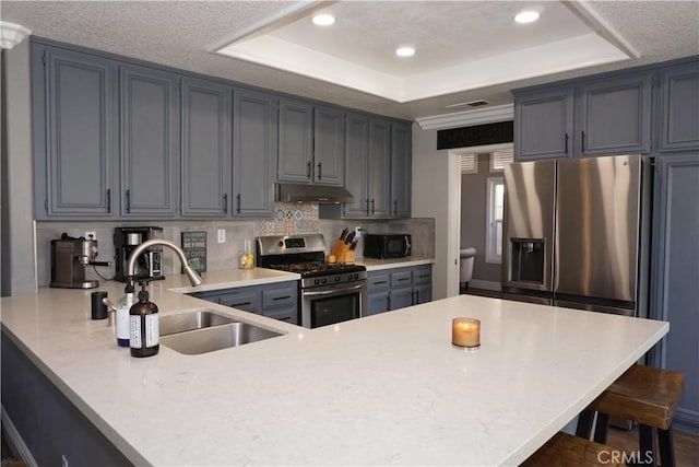 2622 Presidio Ln, Corona, CA 92879 - kitchen featuring appliances with stainless steel finishes, under cabinet range hood, a tray ceiling, a peninsula, and a breakfast bar area
