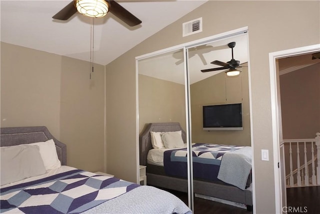 2622 Presidio Ln, Corona, CA 92879 - bedroom with vaulted ceiling, ceiling fan, a closet, and wood finished floors