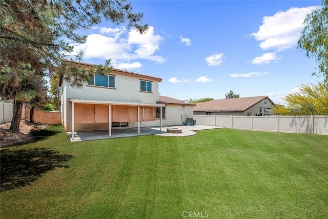 30574 Saddlehorn Way, Menifee, CA 92584 - back of property featuring a patio area, a fenced backyard, stucco siding, and an outdoor fire pit
