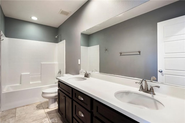30574 Saddlehorn Way, Menifee, CA 92584 - bathroom with shower / bathtub combination, double vanity, and tile patterned flooring