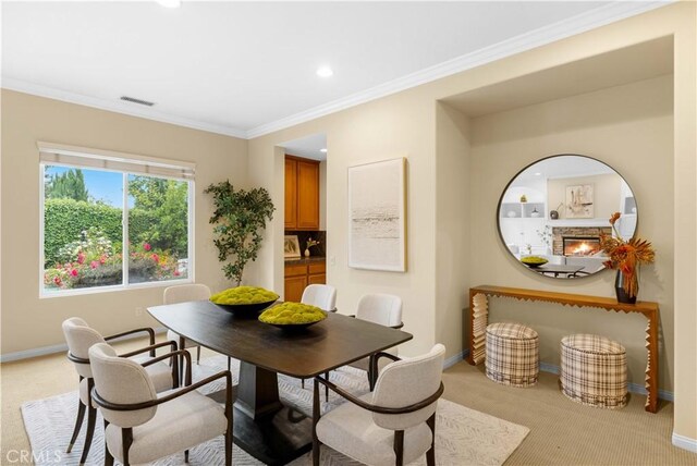 221 Grand Oaks Dr, Glendora, CA 91741 - dining room featuring light colored carpet, baseboards, crown molding, and recessed lighting
