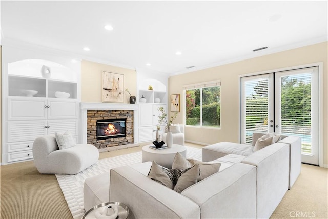 221 Grand Oaks Dr, Glendora, CA 91741 - living room with ornamental molding, light carpet, a stone fireplace, baseboards, and recessed lighting