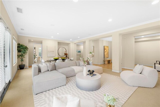 221 Grand Oaks Dr, Glendora, CA 91741 - living room with recessed lighting, ornamental molding, and carpet