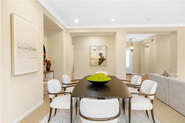221 Grand Oaks Dr, Glendora, CA 91741 - dining space featuring baseboards, ornamental molding, light colored carpet, and recessed lighting