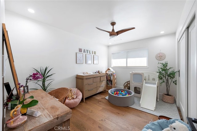 3066 Claret Cir, Atwater, CA 95301 - recreation room with light wood-type flooring, ceiling fan, and recessed lighting