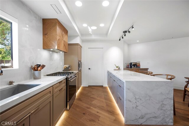 3066 Claret Cir, Atwater, CA 95301 - kitchen featuring stainless steel gas stove, a peninsula, a kitchen bar, a sink, and light wood-style flooring
