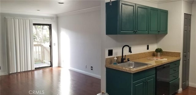 1265 Kendall Dr Unit 1326, San Bernardino, CA 92407 - kitchen with a sink, black dishwasher, green cabinetry, dark wood-style floors, and baseboards
