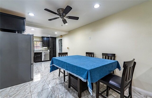 9791 Lee St, Cypress, CA 90630 - dining area featuring ceiling fan, recessed lighting, baseboards, and light marble finish flooring
