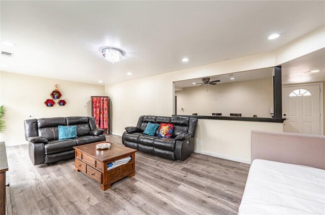 9791 Lee St, Cypress, CA 90630 - living room featuring light wood-style floors, recessed lighting, a ceiling fan, and baseboards
