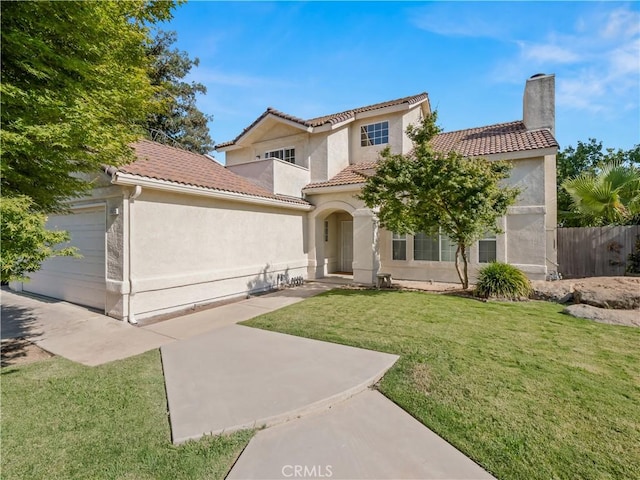 1523 E Pryor Dr, Fresno, CA 93720 - mediterranean / spanish-style house with a garage, a tiled roof, a chimney, and stucco siding