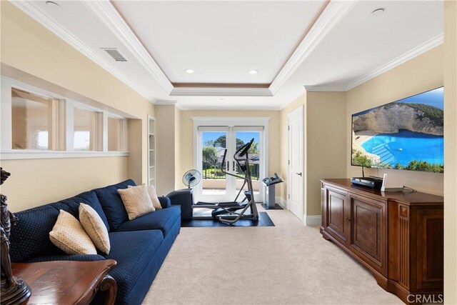 1921 Windward Ln, Newport Beach, CA 92660 - living area featuring ornamental molding, light carpet, a tray ceiling, and baseboards