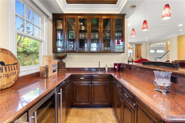 1921 Windward Ln, Newport Beach, CA 92660 - indoor wet bar featuring ornamental molding, plenty of natural light, hanging light fixtures, wine cooler, and recessed lighting
