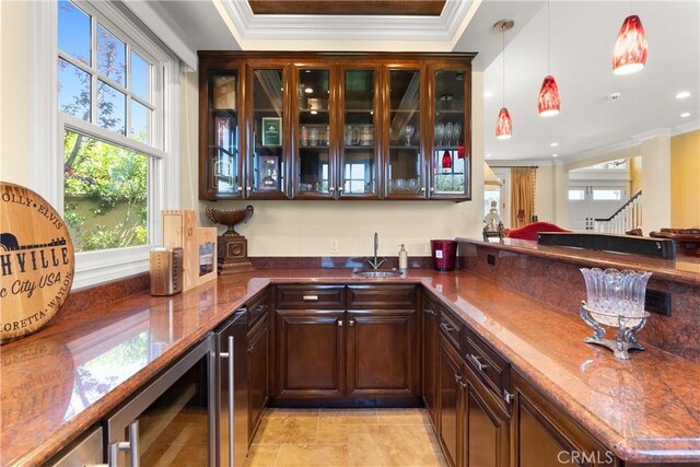 1921 Windward Ln, Newport Beach, CA 92660 - indoor wet bar with ornamental molding, healthy amount of natural light, wine cooler, pendant lighting, and recessed lighting