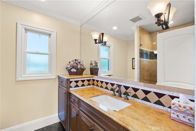 1921 Windward Ln, Newport Beach, CA 92660 - bathroom featuring backsplash, vanity, a stall shower, baseboards, and crown molding