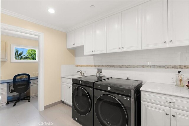 1921 Windward Ln, Newport Beach, CA 92660 - washroom featuring washing machine and clothes dryer, cabinet space, crown molding, light tile patterned flooring, and recessed lighting