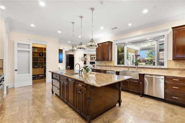 1921 Windward Ln, Newport Beach, CA 92660 - kitchen featuring stainless steel dishwasher, a sink, crown molding, a kitchen island with sink, and decorative backsplash