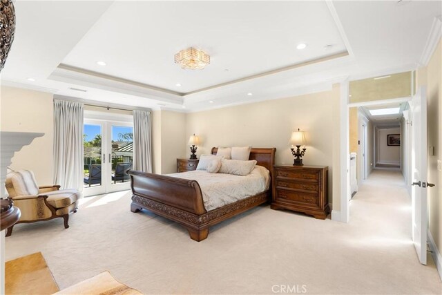 1921 Windward Ln, Newport Beach, CA 92660 - bedroom with light colored carpet, access to exterior, a raised ceiling, recessed lighting, and french doors