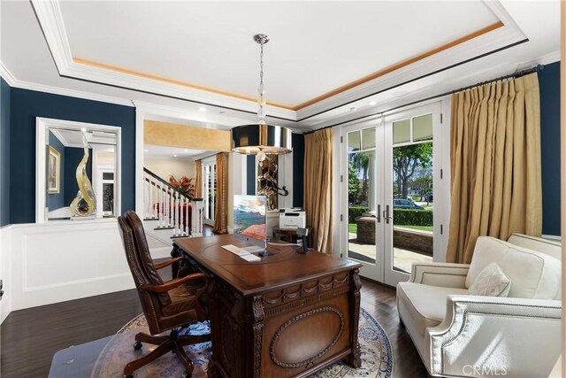 1921 Windward Ln, Newport Beach, CA 92660 - office space with a tray ceiling, french doors, dark wood-style flooring, and ornamental molding