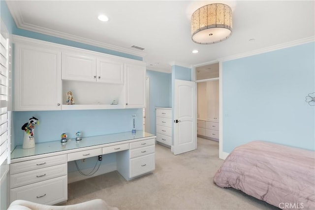 1921 Windward Ln, Newport Beach, CA 92660 - bedroom featuring built in study area, light colored carpet, ornamental molding, and recessed lighting