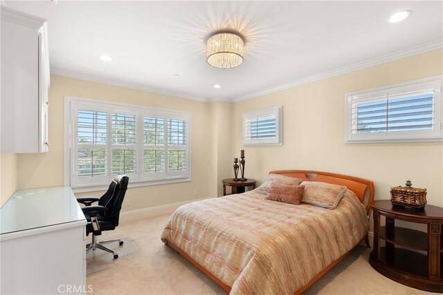 1921 Windward Ln, Newport Beach, CA 92660 - bedroom with multiple windows, light carpet, crown molding, an office area, and recessed lighting