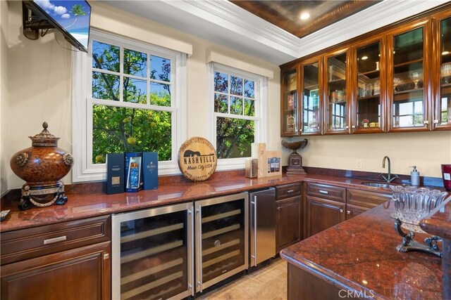 1921 Windward Ln, Newport Beach, CA 92660 - indoor bar featuring beverage cooler, refrigerator, and crown molding