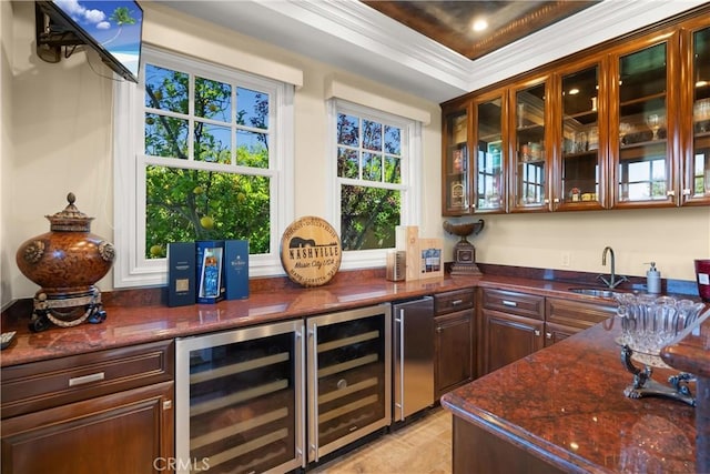 1921 Windward Ln, Newport Beach, CA 92660 - indoor bar with beverage cooler, fridge, and crown molding