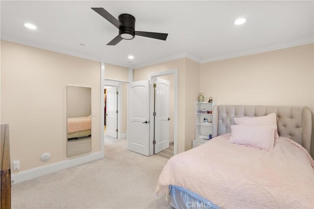 1921 Windward Ln, Newport Beach, CA 92660 - bedroom with ornamental molding, carpet flooring, recessed lighting, baseboards, and a ceiling fan