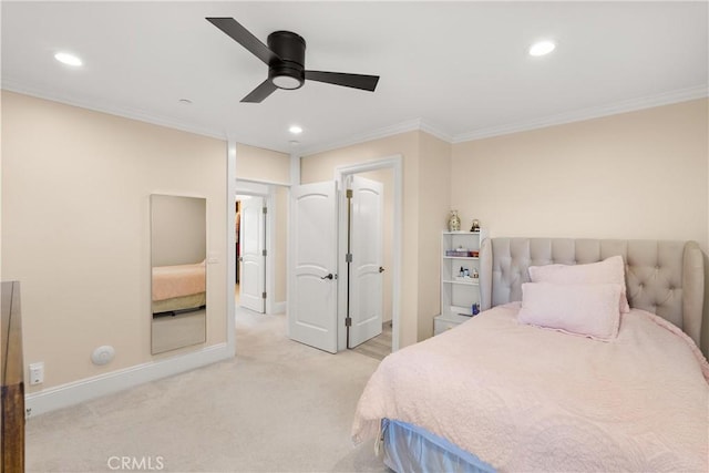 1921 Windward Ln, Newport Beach, CA 92660 - bedroom featuring crown molding, carpet, recessed lighting, and a ceiling fan