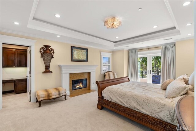 1921 Windward Ln, Newport Beach, CA 92660 - bedroom with a tray ceiling, access to outside, recessed lighting, light carpet, and french doors