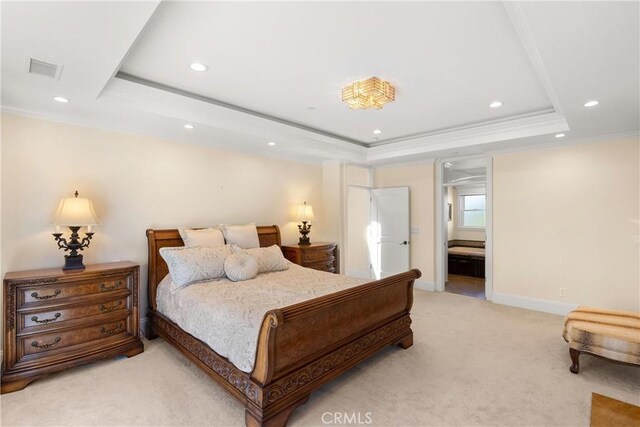 1921 Windward Ln, Newport Beach, CA 92660 - bedroom with a tray ceiling, light colored carpet, recessed lighting, crown molding, and baseboards
